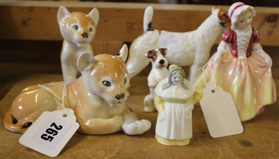 Worcester French cook snuffer, 2 Doulton dogs & figurine & Russian lion cubs